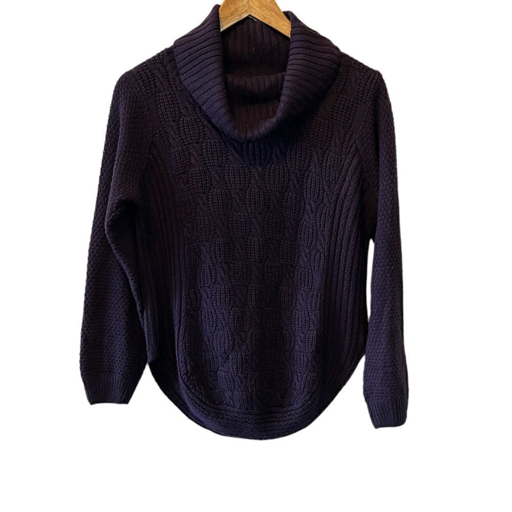 ALIA Petite Purple Cable Knit Cowl Neck Long Sleeve Scoop Bottom Sweater SP